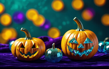 An image of Halloween pumpkins, with a diamond smile and a diamond pumpkin with a blurred background.