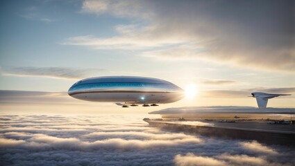 Morning Arrival at the Skyport: An airport situated high above the clouds with panoramic views. The morning sun bathes the scene in warm light. generative ai
