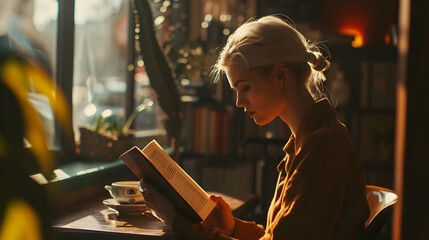 Beautiful woman reading a book - obrazy, fototapety, plakaty