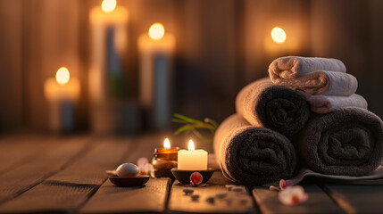 Spa brown background with towels, candles and copy space - obrazy, fototapety, plakaty
