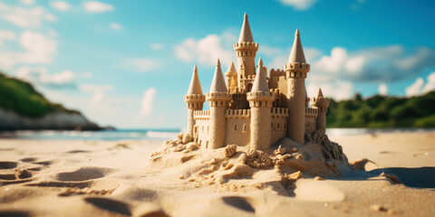 Grand intricate sandcastle on the beach during a summer day. Generative AI
