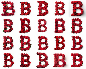 Group of various B shaped letters made from red rose flowers isolated on white background. Generative ai. Romantic blooming font theme.