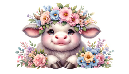 A watercolor of a ox with a beautiful flower crown for the Chinese zodiac year.