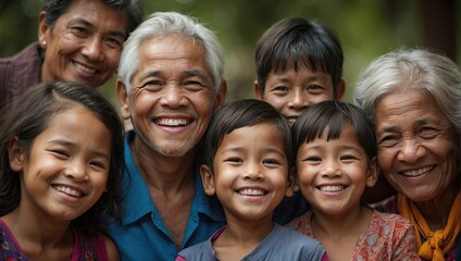 Obraz premium A multi-generational family with senior members and young children smiling joyfully outdoors.