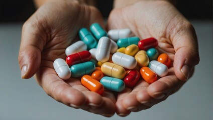 An open palm holds a colorful assortment of various pills and capsules, representing medication or supplements.