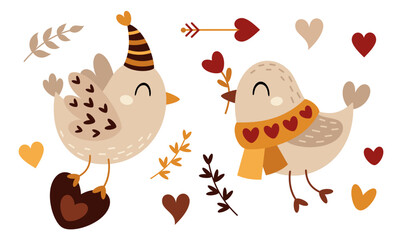 Valentines day clipart. Valentines birds in cartoon flat style. Kids Valentines illustration.