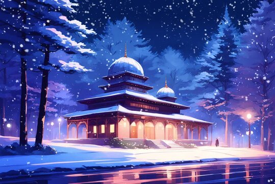 Mosque illustration in anime style. Looping video 4K. Lo-fi looping video. Snowy winter night.