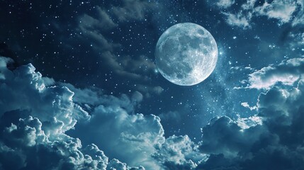 Naklejka na ściany i meble Moonlit night sky texture with a full moon and twinkling stars.
