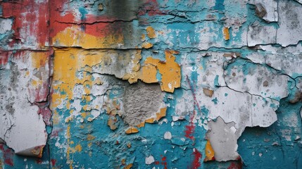 Grunge urban concrete wall with graffiti and peeling paint.