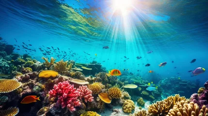 Foto auf Alu-Dibond Underwater view of a colorful sea coral reef with fishes. Ocean ecosystem. Generative AI © AngrySun