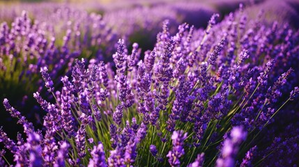 Blooming lavender field texture with purple flowers and aromatic scent.
