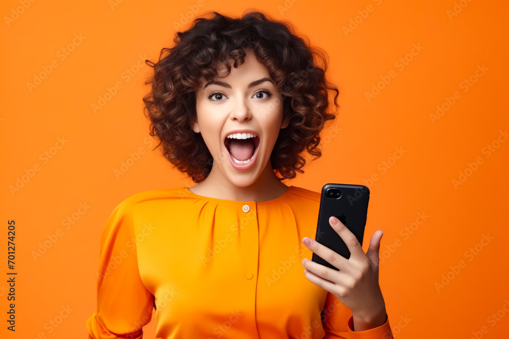 Sticker woman with curly hair holding cell phone and making funny face.