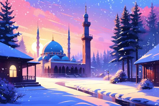 Mosque illustration in anime style. Looping video 4K. Lo-fi looping video. Snowy winter night.