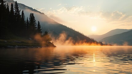 Fototapeta premium Serene mountain lake at sunrise with mist rising and calm waters.