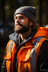 Man with beard wearing orange vest and beanie.