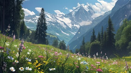 Alpine meadow with wildflowers and a backdrop of snowy peaks.
