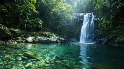 Majestic waterfall cascading into a crystal-clear pool in a rainforest.