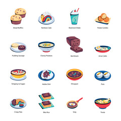 Set of Savoury and Sweet Cuisines Flat Icons 

