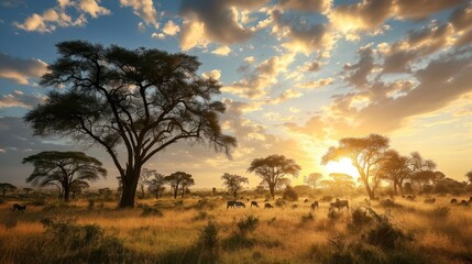 Wide savannah with acacia trees and grazing wildlife at sunset.