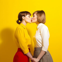 Couple of women kissing on a yellow background. Lesbian couple.