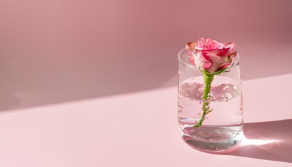 Glass with water and a pink rose flower on pink background with free copy space.