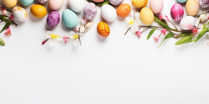 easter eggs and flowers, copy space, flat lay style