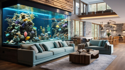Big aquarium in luxury living room. Modern interior with sea water fishtank.