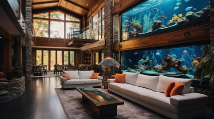 Fototapeta na wymiar Big aquarium in luxury living room. Modern interior with sea water fishtank.