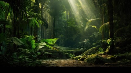Gorgeous Scenery of a Green Tropical Forest with a River in the Center - obrazy, fototapety, plakaty