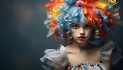 a child girl with colorful hair and a clown wig