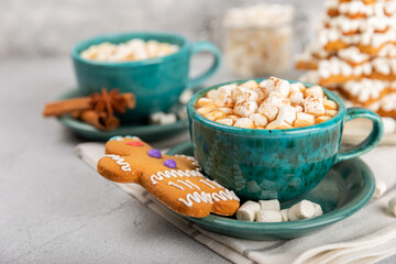 Fototapeta na wymiar Hot drink with marshmallows and candy cane in cup on texture table.Cozy seasonal holidays.Hot cocoa with gingerbread Christmas cookies.Hot chocolate with marshmallow and spices.Copy space.