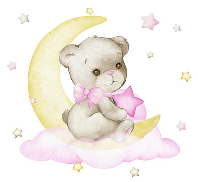 A cute bear cub is sitting on a cloud and the moon, holding a star, surrounded by colorful stars. Watercolor clipart of a forest animal.