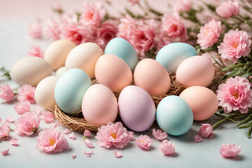 Fototapeta na wymiar Colored Easter eggs in a basket and delicate pink flowers are laid out on a pastel background. Colorful pastel eggs, card, background for Easter.