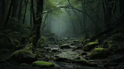 View Rainforest Background for International Day of Forests. The mystical nature of the rainforest. 
