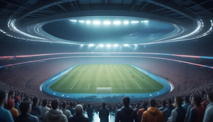 Futuristic stadium filled with spectators watching advanced sports and competitions 