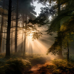 A misty forest with rays of sunlight filtering through the trees.