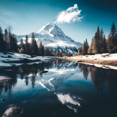 A serene mountain lake reflecting a snow-capped peak.