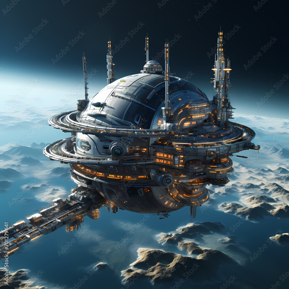 Poster a futuristic space station orbiting a distant planet.