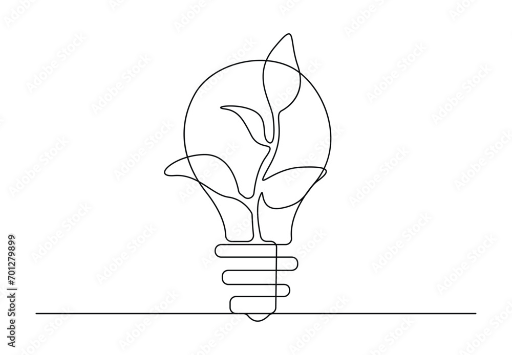 Poster simple continuous line drawing of lightbulb with green leaf for company logo label. isolated on whit