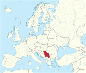 Naklejka premium Red CMYK national map of SERBIA inside detailed beige blank political map of European continent with rivers and lakes on blue background using Mercator projection
