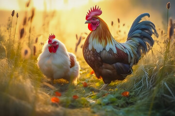 Rooster with hen in the meadow at sunrise, generative ai - obrazy, fototapety, plakaty
