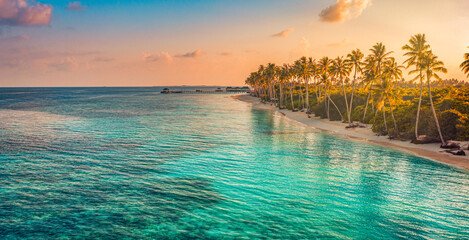 Fantastic aerial sunset of beautiful Maldives paradise tropical beach. Amazing colorful sea sky bay...