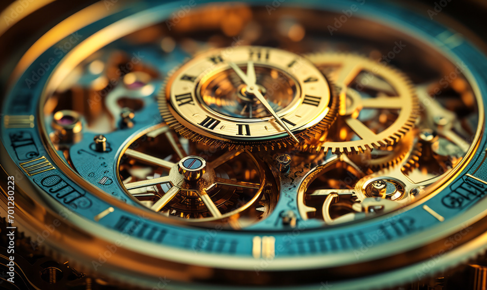 Poster intricate clockwork mechanism showcasing precision engineering with golden gears and cogs in close-u