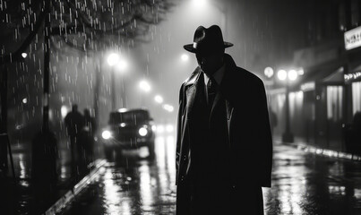 Mysterious man in trench coat and fedora standing under the rain at night, evoking noir film aesthetics - obrazy, fototapety, plakaty