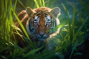 Young tiger in tall green grass, generative ai