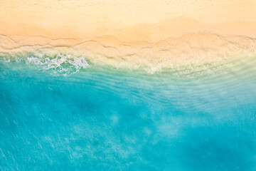 Relaxing aerial beach scene, summer vacation holiday. Blue waves surf crash amazing ocean lagoon...