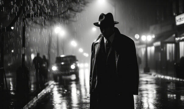 Mysterious man in trench coat and fedora standing under the rain at night, evoking noir film aesthetics