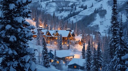 Winter in the Swiss Alps, Switzerland. Wooden houses in the mountains in the evening with lights on from the windows. A mountain resort in the winter mountains - Powered by Adobe