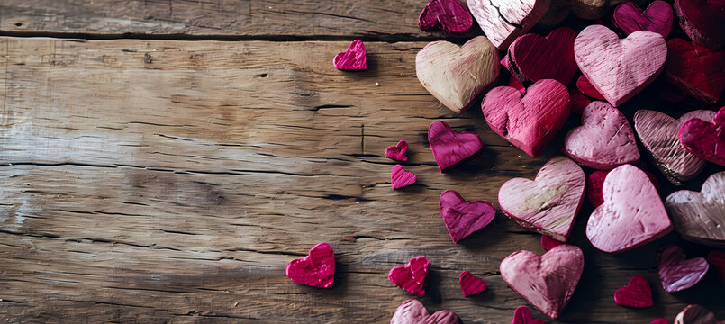 pink hearts on wooden background with copyspace valentine banner
