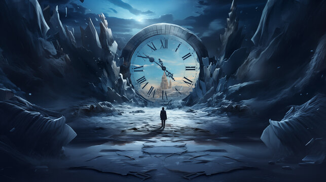Fototapeta Time travel Technology Background with Clock concept and Time Machine, Can rotate clock hands. Jump into the time portal in hours. Traveling in space and time